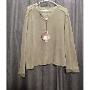 Knox Rose Olive‎ Green Lace Shoulder Waffle Knit Long Sleeve Top Size M